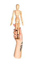 Wooden mannequin png in hand, transparent background