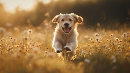 Golden Retriever puppy running joyfully in a sunny grassy field with flowers. AI generated image