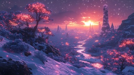 Festive Alien Planet with Bioluminescent Trees and Extraterrestrial Christmas