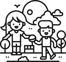 Brother and sister playing with balloons line art coloring page design illustration