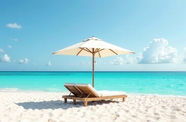 Fototapeta premium Luxury beach loungers under umbrella with turquoise water