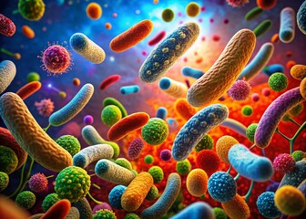 Naklejka premium 3D Rendered Illustration of Bacteria with Intricate Details and Vibrant Colors in a Rule of Thirds Composition for Scientific and Educational Use