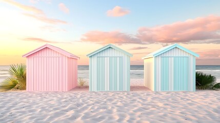 Naklejka premium Pastel Beach Cabanas Sunset Summer Vacation Ocean View