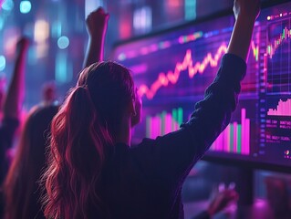 Diverse Team Celebrating Massive Profit Growth in Skyscraper Conference Room with High Tech Presentation Screen