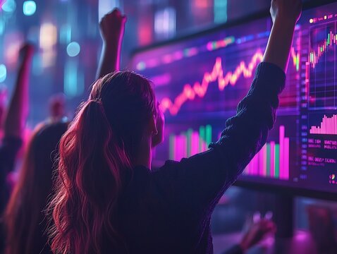 Diverse Team Celebrating Massive Profit Growth in Skyscraper Conference Room with High Tech Presentation Screen