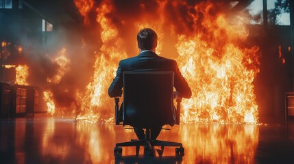 Rear view of a businessman sitting on the chair inside of burning office 