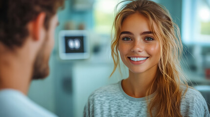 Obraz premium Dentist Consulting Patient on Cosmetic Dentistry Exploring Options for Enhanced Smile Aesthetics and Personalized Dental Care Solutions