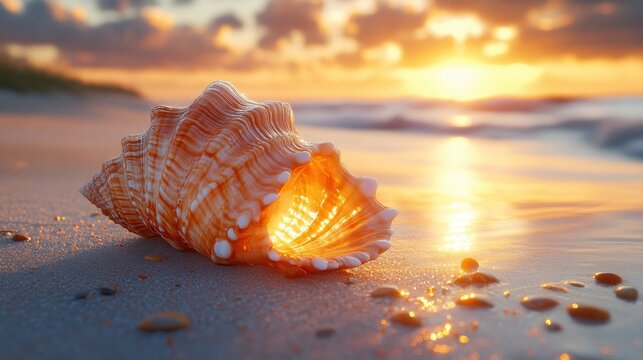 Close-up of a seashell on the beach during sunset with warm light and sandy textures