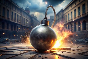 3D Render of a Metal Bomb Designed as a Cannonball with a Burning Fuse, Representing Aggression and Terrorism in an Architectural Photography Style