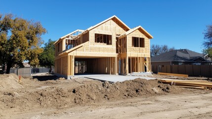 Residential building under construction with plywood exterior and structural framework sunny setting for housing development