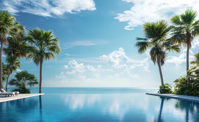 A beautiful ocean view with palm trees in the background