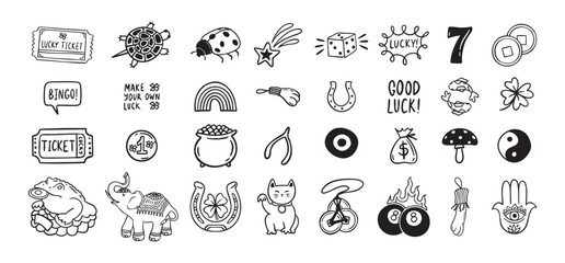 Good Luck doodle Symbols Set. Hand drawn lucky icons. Asian talismans and charms outline set.