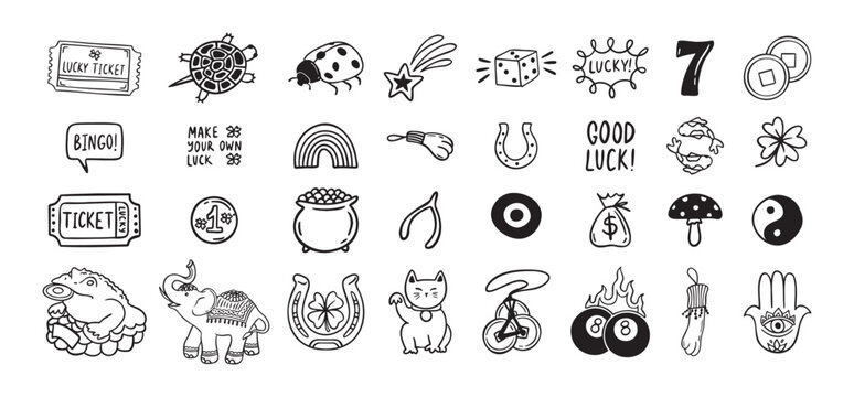 Good Luck doodle Symbols Set. Hand drawn lucky icons. Asian talismans and charms outline set.