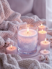 Soft candlelight glowing in a cozy setting with a knitted blanket and decorative elements during winter