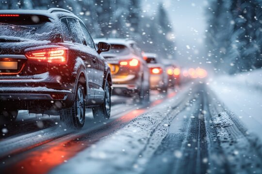 Snow covered vehicles amidst harsh winter weather conditions and heavy snowfall accumulation