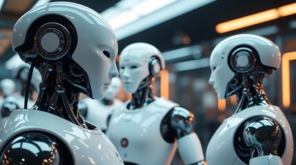 Humanoid robots stand in a futuristic factory, their expressions serene, hinting at a technological marvel and societal shift. 