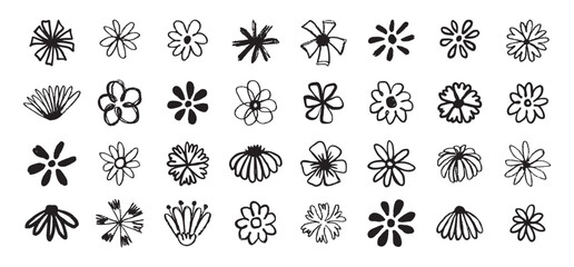 Flowers grunge brush doodle blossom icons set. Flowers Scribble ink hand drawn brush. Chamomile flowers markers crayons icons 