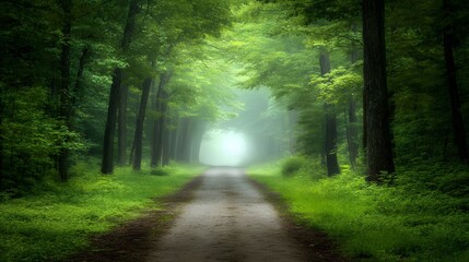 Obraz premium A mysterious, foggy forest path with tall trees looming on both sides, soft greens and grays, large open space for text