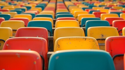 Fototapeta premium Rows of vibrant, weathered stadium seats bathed in sunlight; a nostalgic, colorful spectacle.