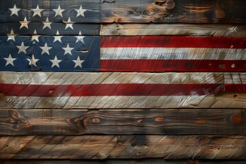 Rustic wooden background featuring vibrant american flag in classic red, white, and blue colors