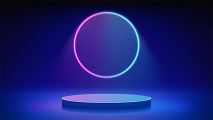 Futuristic blue stage, podium. Blue room with round podium pedestal illuminated by circular blue magenta neon, led halo. Background for displaying products, presentation. Backdrop. Showcase. Vector
