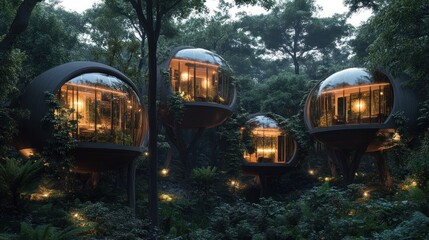 Illuminated Spherical Treetop Houses In Lush Forest