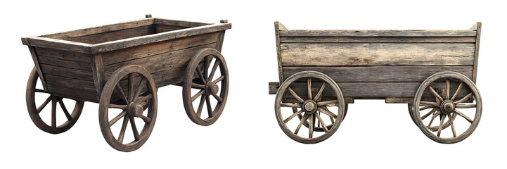 Fototapeta premium Set of an old wooden cart with wheels, isolated on a transparent background.