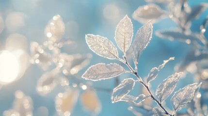 Frost-covered leaves on a branch, backlit by soft sunlight.