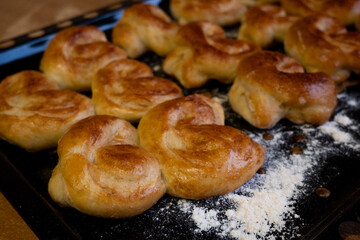 Fresh homemade baked goods.Homemade freshly baked buns.Homemade food.
