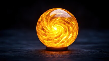 A glowing orb with swirling golden patterns, emitting a warm light against a dark background, suggesting mystery and energy.