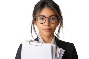 Dedicated Latina Teacher with Glasses Holding Important Papers in a Classroom Setting for Educational Use