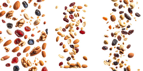 Set of falling mixed nuts and dried fruits, isolated on a transparent background.