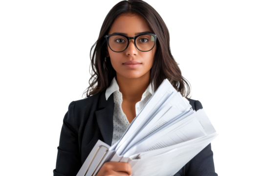 A Latina Teacher with Glasses Holding a Stack of Papers in a Classroom Setting for Educational Use