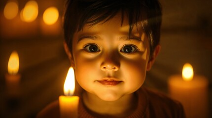 Portrait of a boy illuminated by candlelight, creating a warm and intimate atmosphere