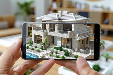 Person holding a smartphone, showcasing an image of a house on the device s display screen.