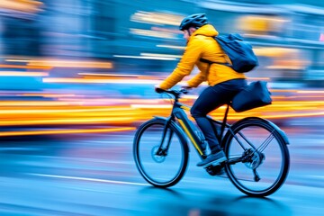 Fototapeta premium A business professional riding a bicycle through a busy city street. Generative AI