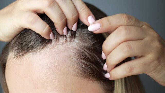 A young blonde woman showing bald spots on her forehead and temples with her hands. Baldness. Hair care. Hair loss, alopecia. Scanty thin hair. A girl demonstrating a healthy scalp, without dandruff