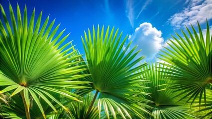 Close-Up of Exotic Sabal Palm Leaves Against a Clear Blue Sky, Showcasing Tropical Natural Beauty for Summer Background and Design Banner Use