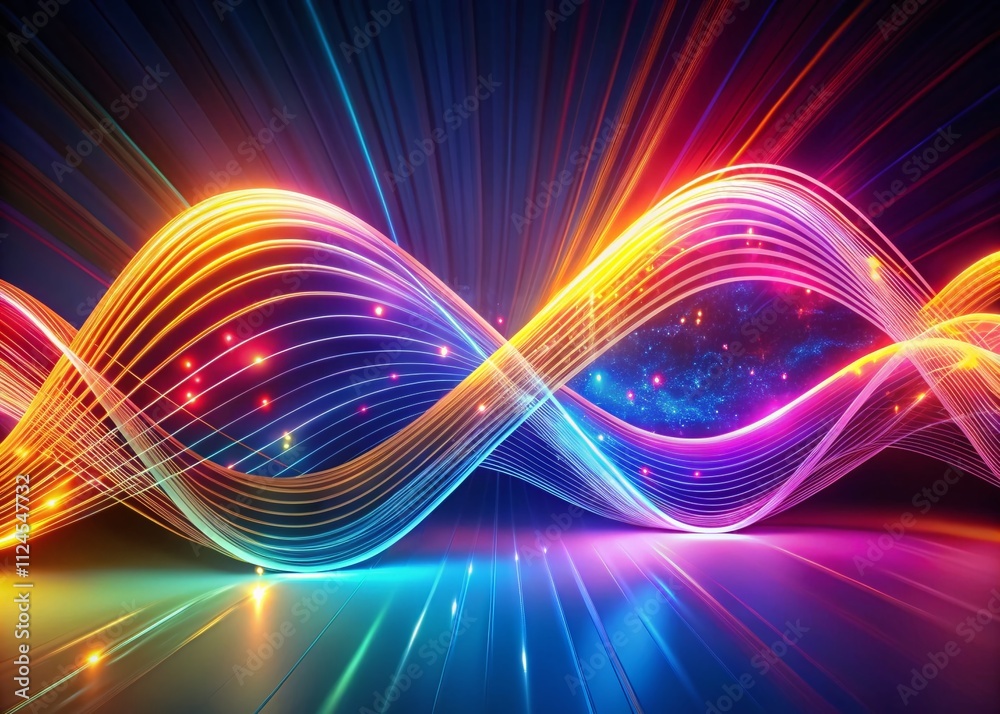 Poster Abstract 3D Geometry Lines Wave Animation with Light Effects on Colorful Background Representing Music Sound in a Dynamic Visual Experience for Art and Technology Enthusiasts