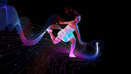 Soccer player mid-kick with polygonal shards and intense streaks of red and blue, symbolizing power and motion. Concept of competition, sport games, movement. Polygonal elements.