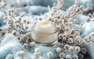 A luxurious glass jar of moisturizing cream surrounded by frosted flowers and snowflakes on a cozy winter backdrop