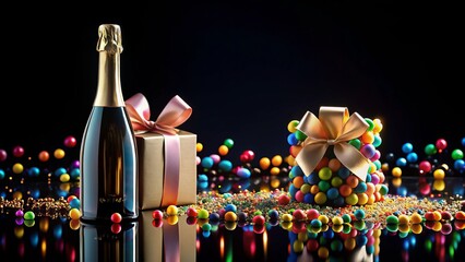 Elegant Champagne Bottle Mockup on Black Background with Candy Gift Boxes and Blank Label for Custom Design Placement, Perfect for Celebrations and Special Occasions