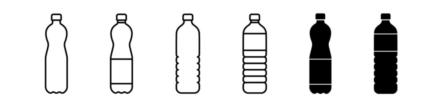 Plastic bottle icon set. PET bottle, water container bottle symbol. Editable stroke. Vector illustration.