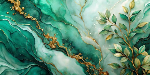 Elegant Marble Green & Gold Alcohol Ink Wallpaper: Dusty Emerald Botanical Background