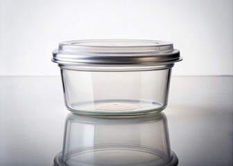Empty Glass Food Container with Plastic Lid Isolated on White Background - Perfect for Food Storage, Organization, and Kitchen Use in Low Light Photography