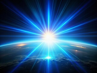 Fototapeta premium Abstract Aerial Photography of Lens Flare Blue Glow Light Effects Over Black Background for Creative Design and Screen Blending Mode with Sun Burst and Glare Overlays