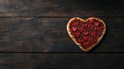 Heart shaped pizza for Valentines day on dark rustic wooden background. Top view, copy space.