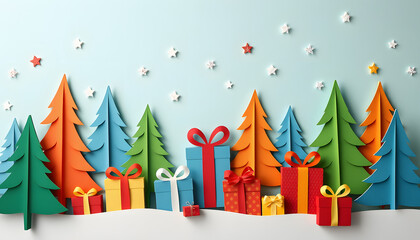 Colorful christmas gift and trees pattern illustration, Paper Cutout style
