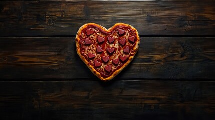 Heart shaped pizza for Valentines day on dark rustic wooden background. Top view, copy space.