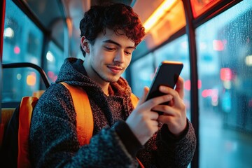 Young man using smartphone on city bus commuting in urban environment
